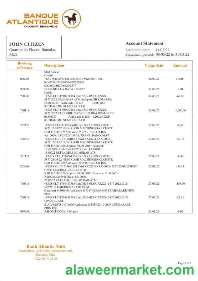 Mali Banque Atlantiaque bank statement